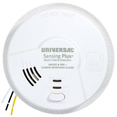 Universal Security Instruments USI Sensing Plus combo smoke, fire, and carbon monoxide alarm with 10-year battery backup.