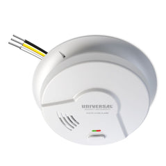 Universal Security Instruments smoke alarm with hardwired photoelectric sensor and 10-year battery backup, interconnectable safety device.