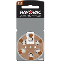 Rayovac Size 312 hearing aid battery showing the small, round zinc-air battery for hearing aids with brand logo visible.