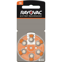 Rayovac Size 13 hearing aid battery showing the small, round silver battery with size and brand markings visible