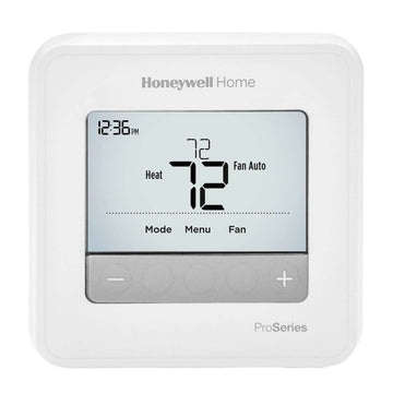 Honeywell T4 Pro Programmable Thermostat mounted on wall, showing digital display and control buttons for temperature adjustment.