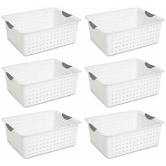 Sterilite large white Ultra Basket with titanium inserts, 6-pack, versatile storage bins for organization and stacking.