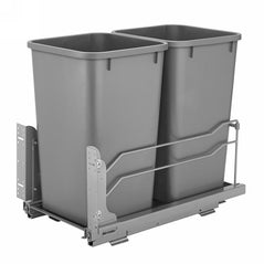 Rev-A-Shelf double 27 qt pull-out waste containers with soft-close mechanism in a kitchen cabinet.