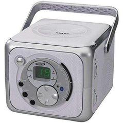 Jensen CD-555A portable Bluetooth music system with CD player and built-in speakers, black compact design.