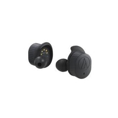 Audio-Technica SonicSport true wireless in-ear headphones with black earbuds and inline remote on cable.