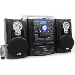 Jensen Bluetooth JMC-1250 stereo turntable and CD/MP3 player with dual cassette deck, pitch control, remote, and 3-speed system.