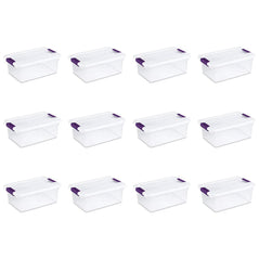 Sterilite 15-quart clear plastic storage bin with purple latches, shown in a 12-pack for organizing household items.