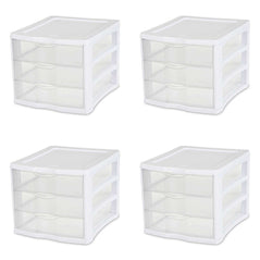 Sterilite 3-drawer storage unit with white frame and clear drawers, set of four for organization and storage.