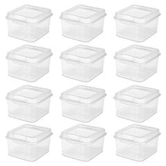 Set of 12 clear Sterilite flip top decorative storage boxes with transparent lids for organization.