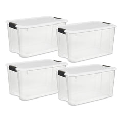 Set of four Sterilite 70-quart clear plastic storage bins with white lids and black latches, ideal for organizing and storage.