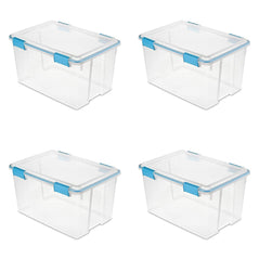 Sterilite 54-quart clear plastic storage bin with blue aquarium latches and gasket, shown in a 4-pack for organization and storage.