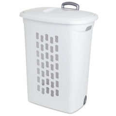 Sterilite white wheeled laundry hamper with handle and sturdy wheels for easy transport and laundry organization.
