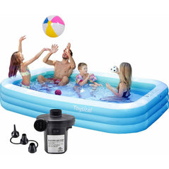 Inflatable Toysical swimming pool measuring 118 x 72 x 22 inches, filled with water and set up outdoors.
