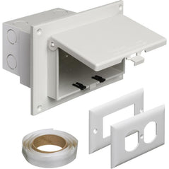 White Arlington low profile in-box for flat surface retrofit construction, 22 cu in. electrical box with one-piece design.