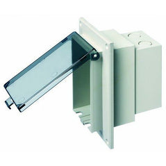 Arlington low profile in-box electrical box with clear weatherproof cover, 1-gang, for retrofit flat surface installation.