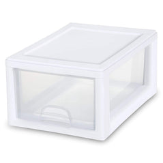 Sterilite 6-quart white stacking drawer bin with clear plastic drawer for organized storage and easy visibility.
