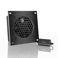 AC Infinity AIRPLATE S1 4-inch cabinet cooling fan system with adjustable fan blades and mounting brackets.