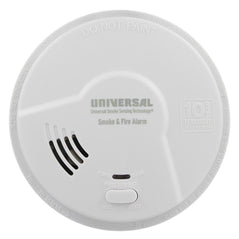 USI Electric MIC3510SB 3-in-1 smoke, fire, and carbon monoxide smart alarm with sealed 10-year battery, shown mounted on wall.