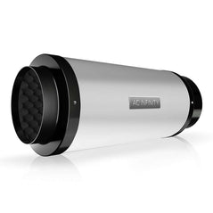 AC Infinity 8-inch inline duct fan silencer showing a sleek, cylindrical soundproofing unit designed for ventilation systems.