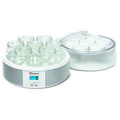 Euro Cuisine YMX650 automatic digital yogurt maker with display, shown on a kitchen countertop.