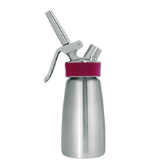 iSi Gourmet Whip stainless steel whipped cream dispenser with metal nozzle and pressure handle, used for making whipped cream and foams