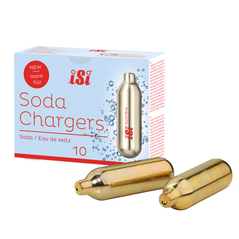 iSi CO2 Soda Chargers 10-pack, 8.4g each, used for carbonating beverages with soda siphons.