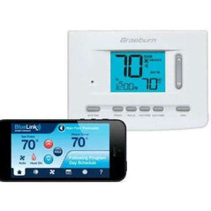 Braeburn 7205 digital programmable Wi-Fi thermostat mounted on a wall displaying temperature settings and touchscreen controls.