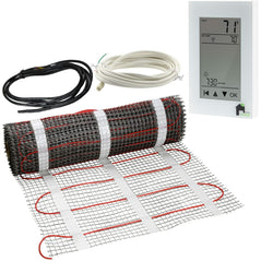 EconoHome indoor underfloor heating mat with WiFi thermostat, showing the heating cable and control device on a tiled floor.