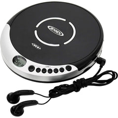 Jensen portable CD player with ear-buds, capable of playing CDs, CD-R, and CD-RW formats, shown with ear-bud headphones.