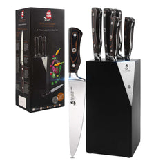 TUO 6-piece professional knife set with wooden block, including various kitchen knives for precision cooking.