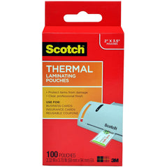 3M Scotch TP5851-100 thermal laminating pouches, clear plastic sheets for laminating documents and photos.
