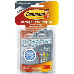 3M Command round cord clip in clear, designed for organizing and securing cords and cables in home or office settings.