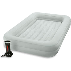 Intex kids travel bed set with inflatable mattress and pillow, lightweight and portable for children’s camping or sleepovers.
