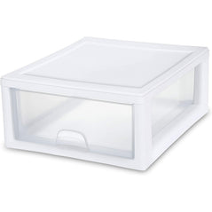 Six Sterilite 16-quart stacking drawers with clear plastic containers and white lids, neatly stacked for storage.