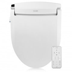 Brondell Swash Select bidet seat in white with warm air dryer and deodorizer, mounted on a bathroom toilet.