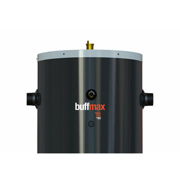 Thermo 2000 BuffMax buffer tank for boiler systems, showing a large cylindrical stainless steel tank with connection fittings.