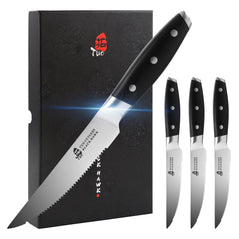 TUO Black Hawk 5-inch serrated steak knife set with black handles, ideal for slicing meats and steaks with precision.