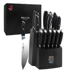 TUO Falcon S 17-piece knife set includes kitchen knives with black handles and stainless steel blades.