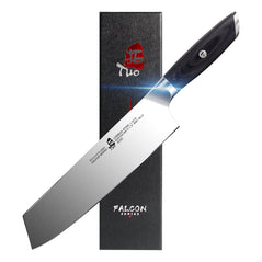TUO Falcon S 8.5-inch Japanese Kiritsuke knife with sharp blade and ergonomic handle, ideal for precise slicing and cutting.