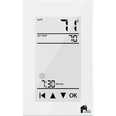 EconoHome GFCI WiFi thermostat with 4-inch touchscreen display, programmable smart home temperature control device.