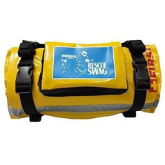 Yellow rescue flotation bag with black straps and a blue Rescue Swag logo patch on top.