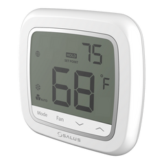 Salus Solo WiFi Thermostat 3H/2C mounted on a wall, with digital display showing temperature controls and settings.
