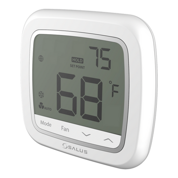 Salus Solo WiFi Thermostat 3H/2C mounted on a wall, with digital display showing temperature controls and settings.