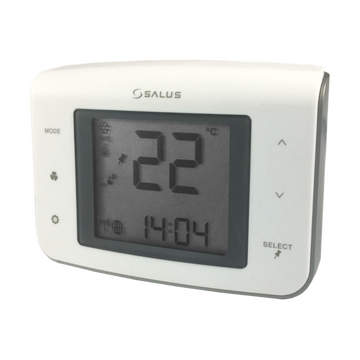 Salus wired fan coil thermostat with digital display and control buttons, mounted on a wall for heating system regulation.