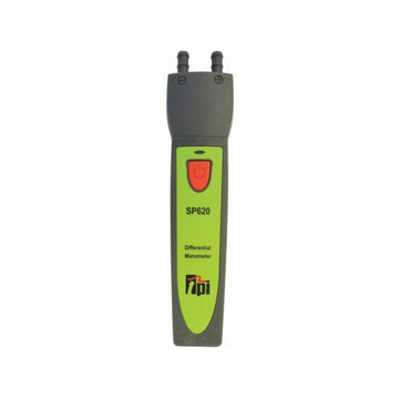 Test Products International TPI SP620C1 dual input differential manometer showing digital display and measurement ports.