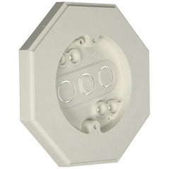 White Arlington Industries 8161 wall plates for siding mounting blocks, showing smooth white surface and secure attachment features.