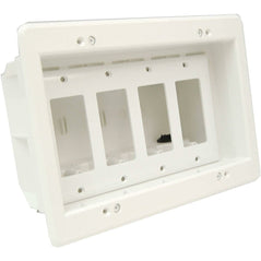 White Arlington DVFR4W 4-gang wall plate for electrical boxes and conduit fittings, suitable for home or office wiring.