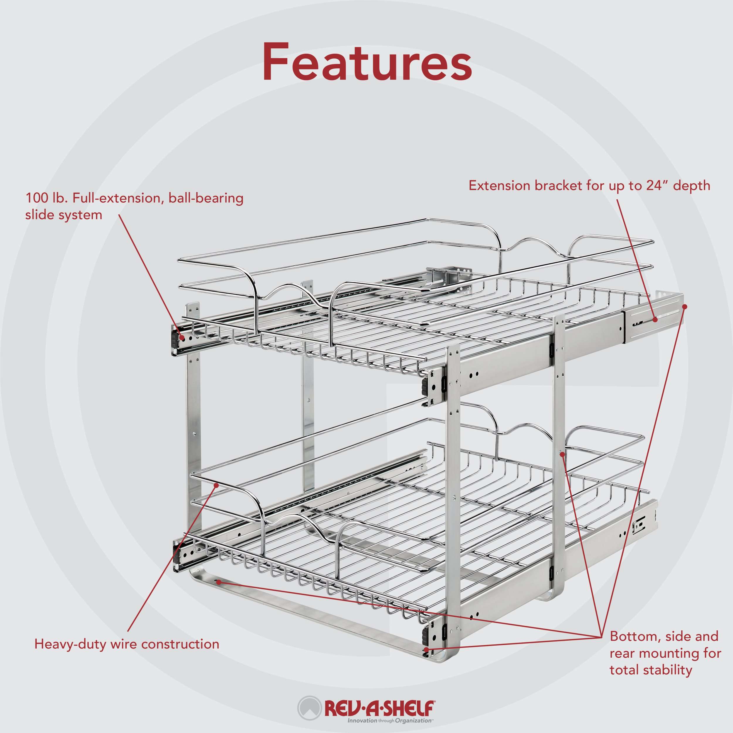 Rev-A-Shelf 5WB2-2122CR-1 21 x 22 2-Tier Cabinet Pull Out Wire Baskets, Chrome