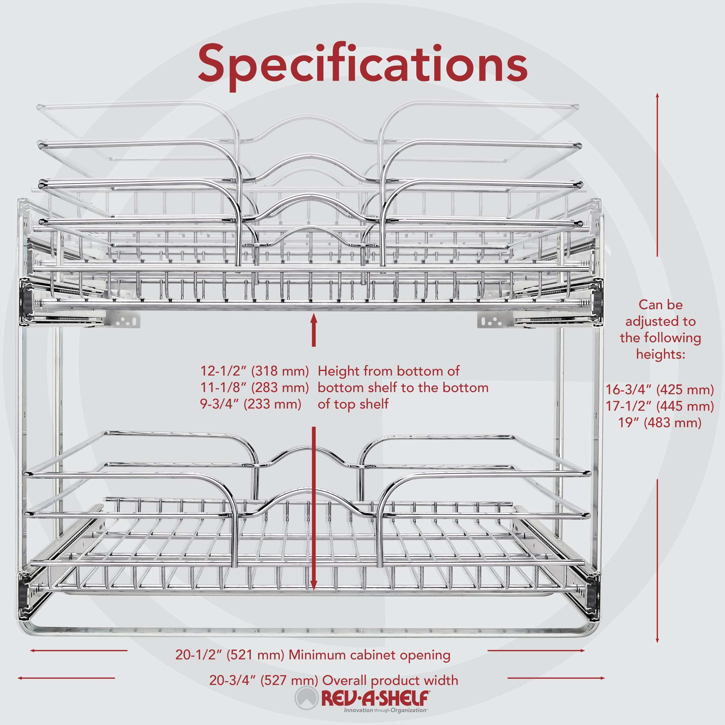 Rev-A-Shelf 5WB2-2122CR-1 21 x 22 2-Tier Cabinet Pull Out Wire Baskets, Chrome