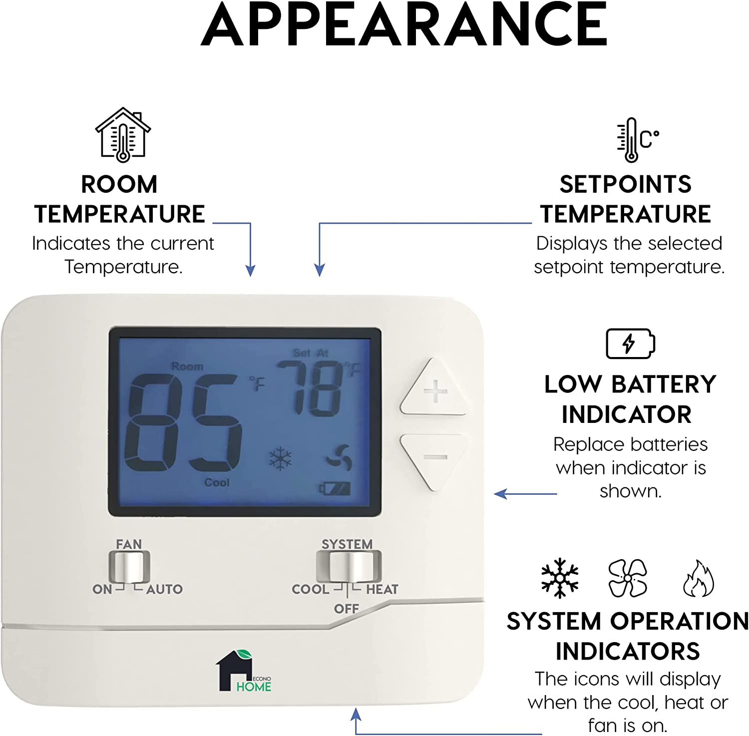 EconoHome Digital Non-Programmable Thermostat for Heat & Cooling EH701